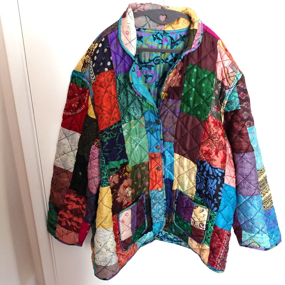 Vintage Ash & Sara Patchwork Quilted Jacket Silk Women 3X Boho Cottagecore Artsy